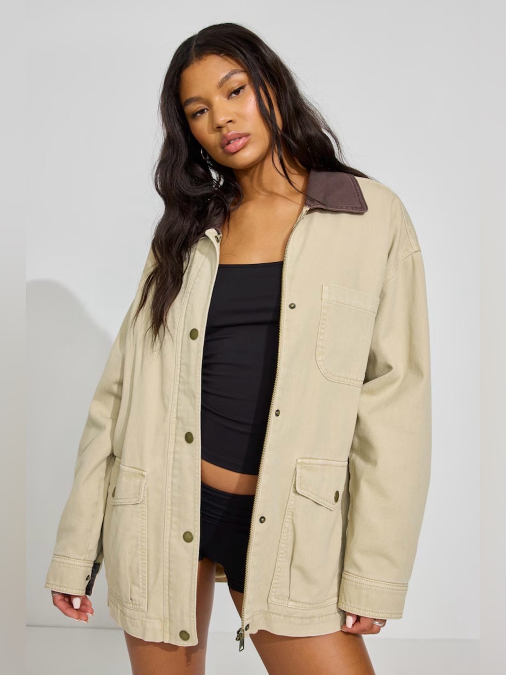 Garage Women’s Long Twill Field Oversized Barn Jacket in Beige